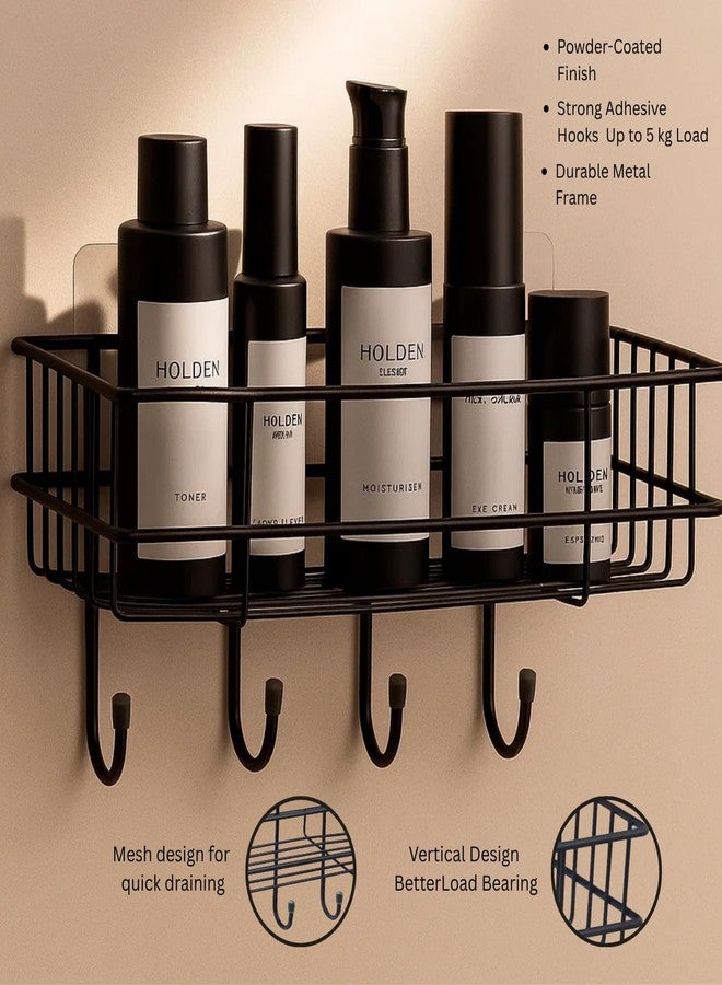 Well Set رف حمام متعدد الأغراض ذاتي اللصق من ويل سيت مع خطافات/حامل مناشف/رف/ملحقات حمام - يُثبت على الحائط - عبوة من قطعة واحدة (أسود، مطلي بالبودرة) - Image 4